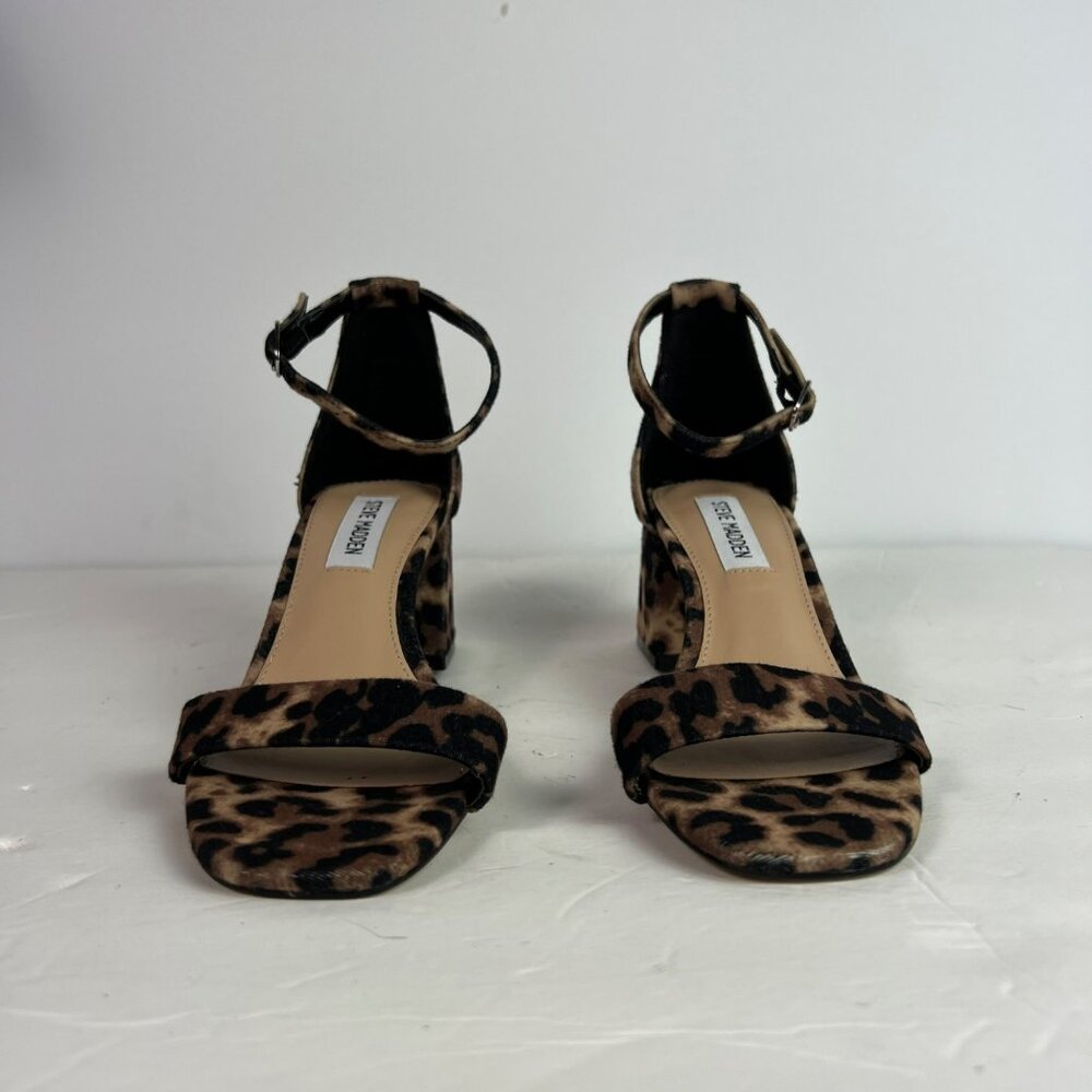 🟣 Steve Madden Size 6.5 Maria Leopard Ankle Strap Open Toe Block Heel Sandals - Picture 3 of 9